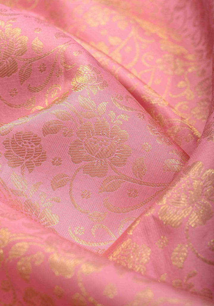 Dusty Rose Kanjivaram Soft Silk Saree with Floral Brocade Jaal and Zari Border | SILK MARK CERTIFIED
