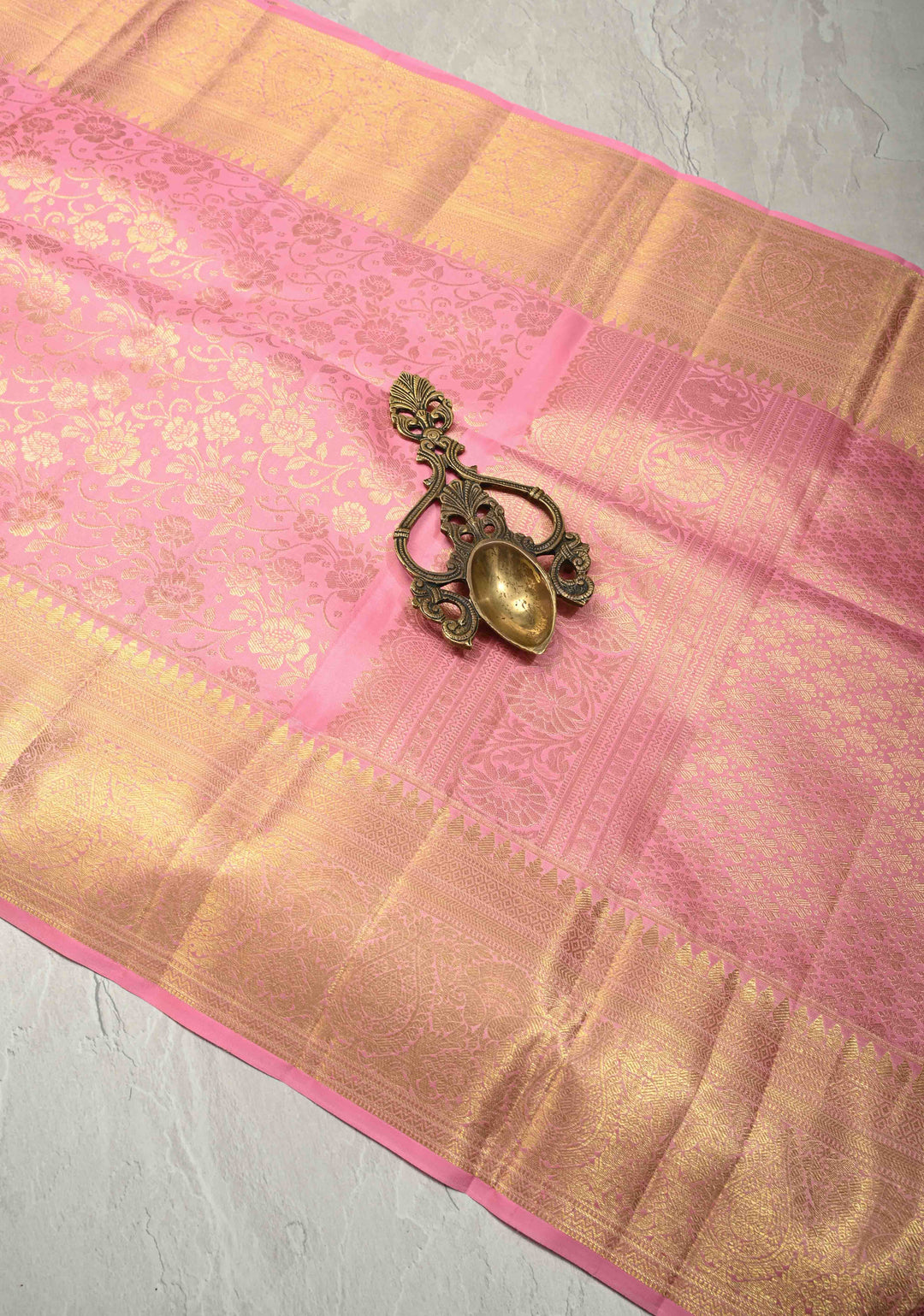 Dusty Rose Kanjivaram Soft Silk Saree with Floral Brocade Jaal and Zari Border | SILK MARK CERTIFIED