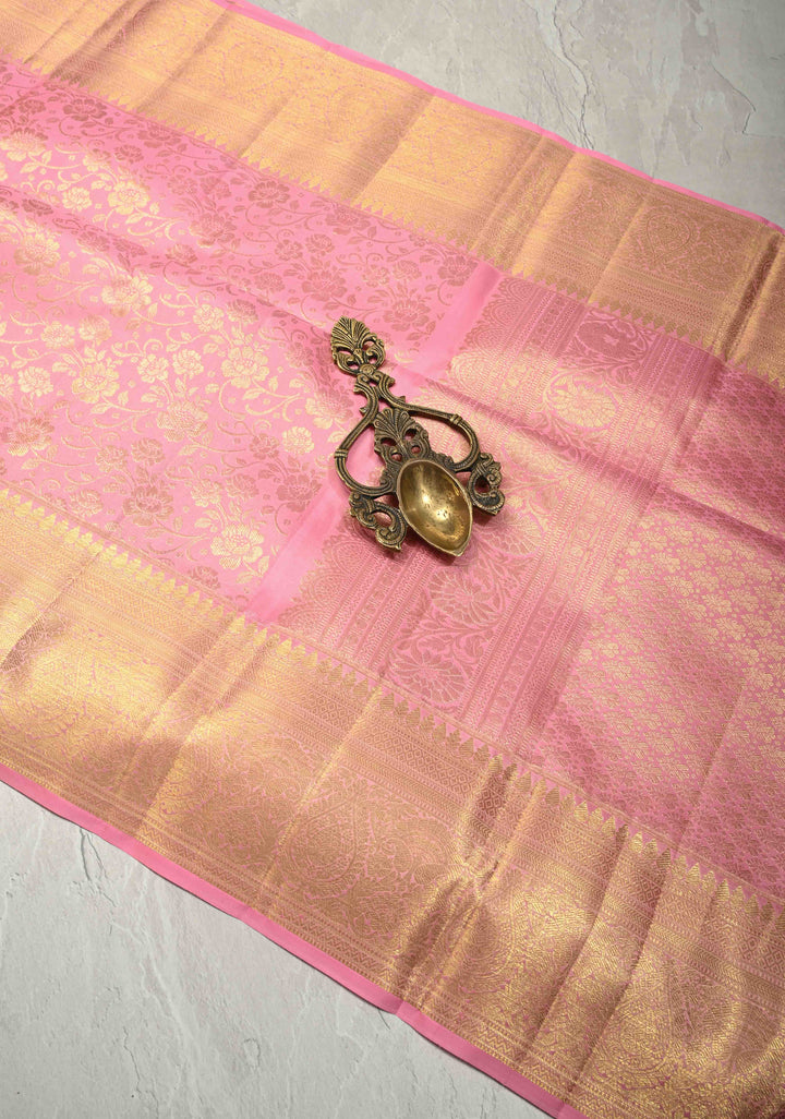Dusty Rose Kanjivaram Soft Silk Saree with Floral Brocade Jaal and Zari Border | SILK MARK CERTIFIED