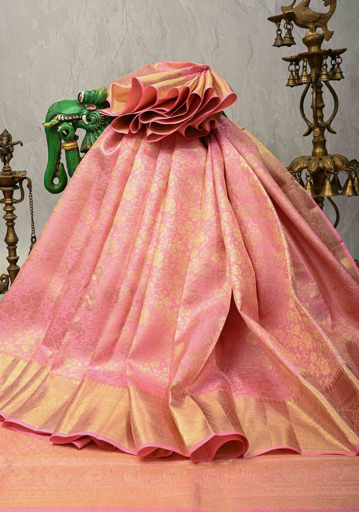 Dusty Rose Kanjivaram Soft Silk Saree with Floral Brocade Jaal and Zari Border | SILK MARK CERTIFIED