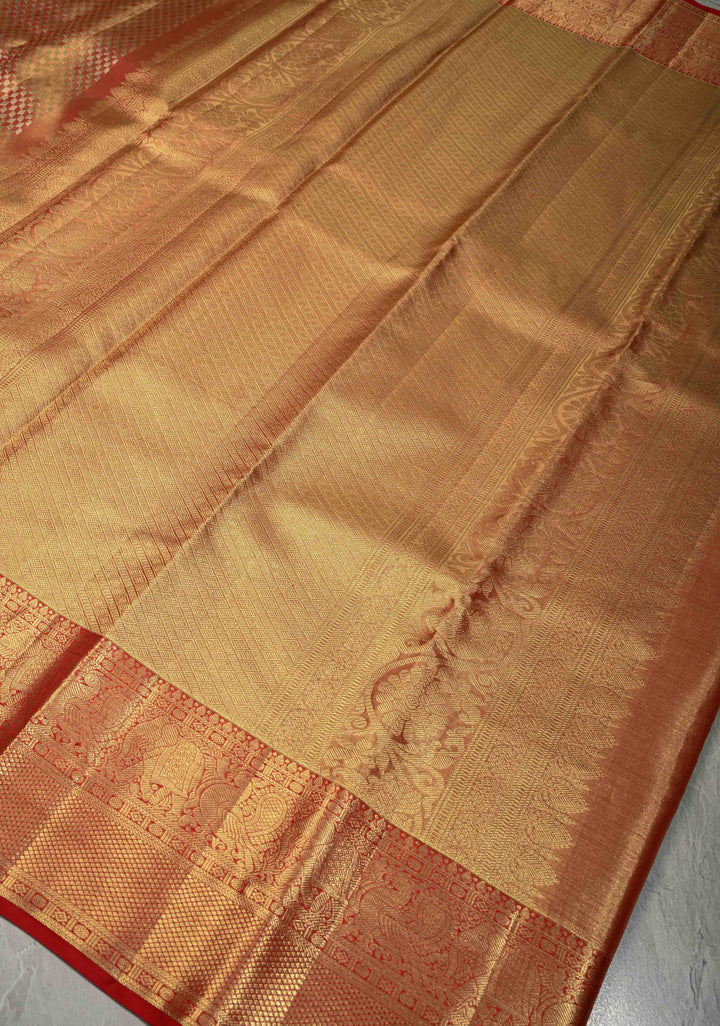 Red-gold Dual Tone Tissue Kanjivaram Pure Silk Saree with Zari Brocade and Zari Border | SILK MARK CERTIFIED | SHOBITAM