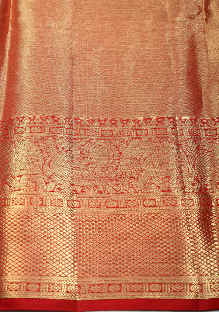 Red-gold Dual Tone Tissue Kanjivaram Pure Silk Saree with Zari Brocade and Zari Border | SILK MARK CERTIFIED | SHOBITAM