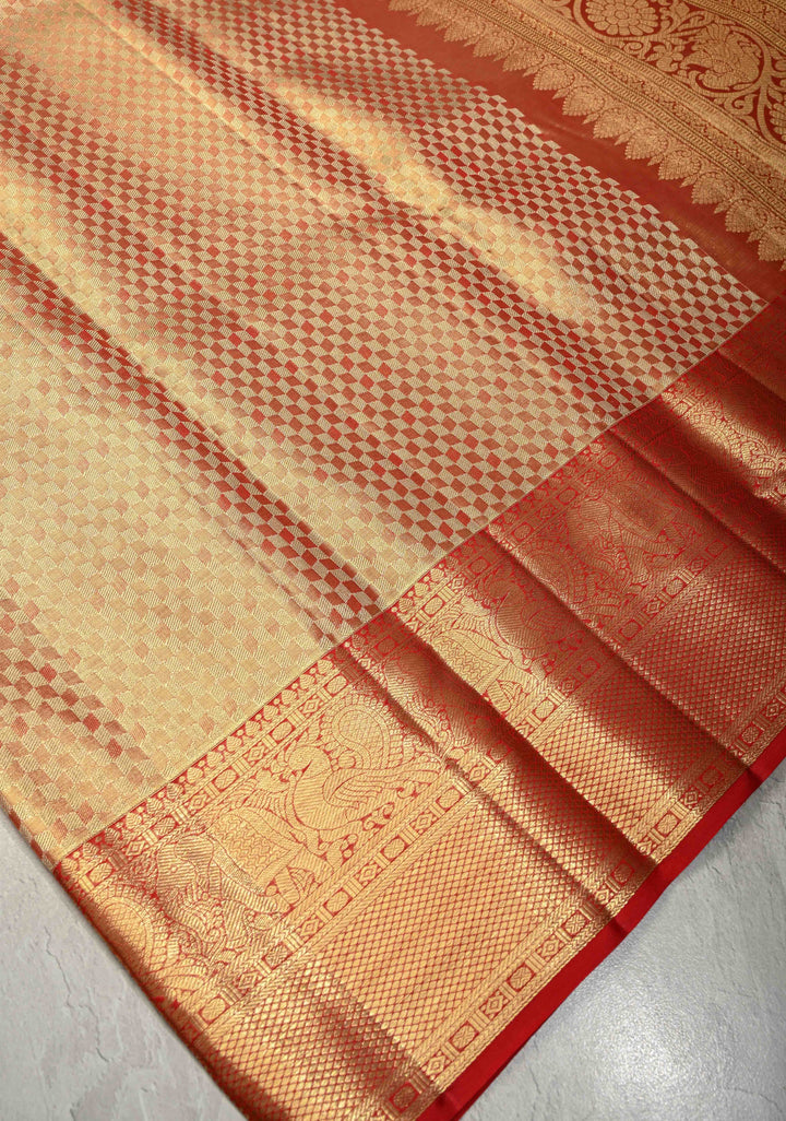 Red-gold Dual Tone Tissue Kanjivaram Pure Silk Saree with Zari Brocade and Zari Border | SILK MARK CERTIFIED | SHOBITAM