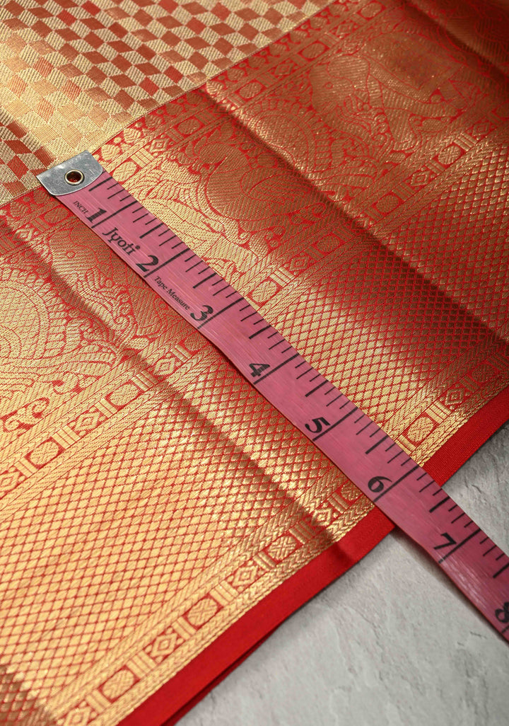 Red-gold Dual Tone Tissue Kanjivaram Pure Silk Saree with Zari Brocade and Zari Border | SILK MARK CERTIFIED | SHOBITAM