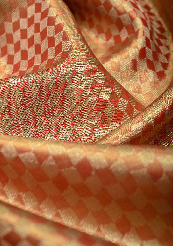 Red-gold Dual Tone Tissue Kanjivaram Pure Silk Saree with Zari Brocade and Zari Border | SILK MARK CERTIFIED | SHOBITAM