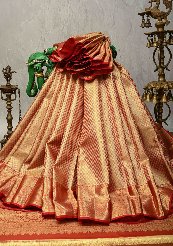 Red-gold Dual Tone Tissue Kanjivaram Pure Silk Saree with Zari Brocade and Zari Border | SILK MARK CERTIFIED | SHOBITAM