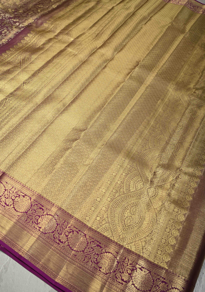 Plum Tissue Kanjivaram Pure Silk Saree with Meenakari Floral jaal Brocade and Zari Border | SILK MARK CERTIFIED