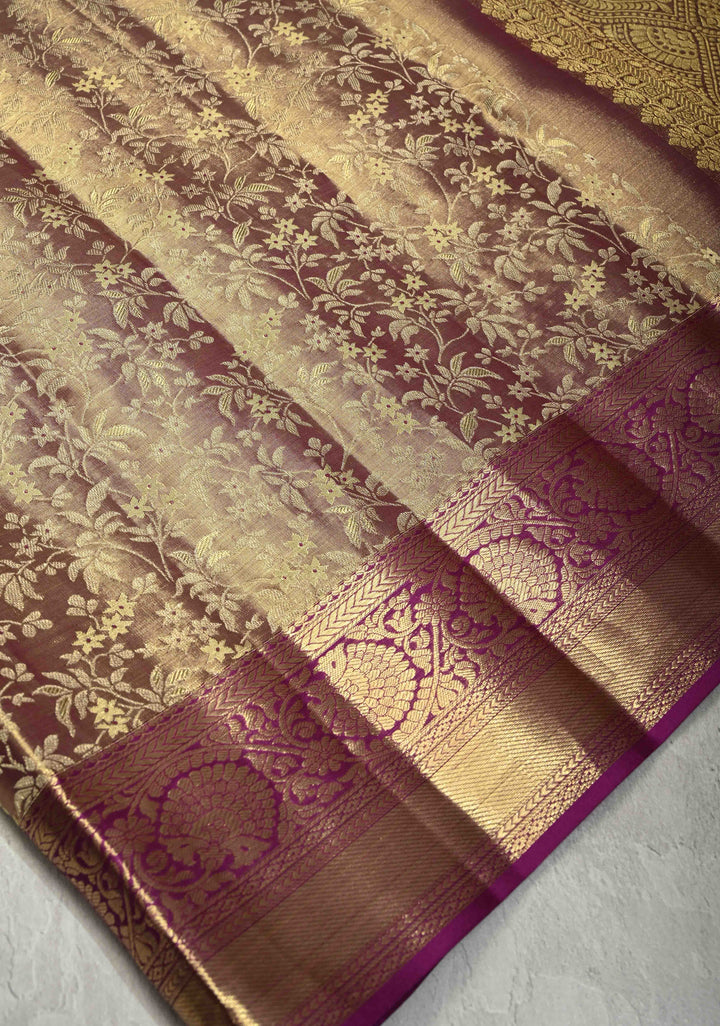 Plum Tissue Kanjivaram Pure Silk Saree with Meenakari Floral jaal Brocade and Zari Border | SILK MARK CERTIFIED