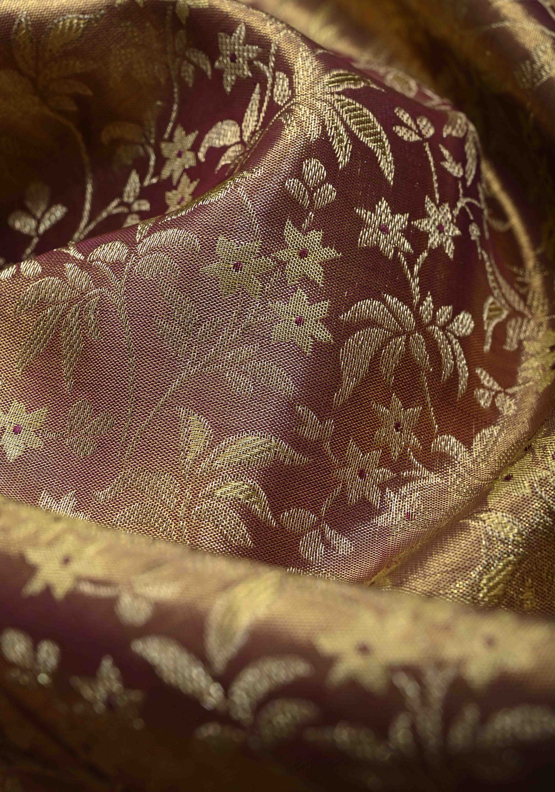 Plum Tissue Kanjivaram Pure Silk Saree with Meenakari Floral jaal Brocade and Zari Border | SILK MARK CERTIFIED