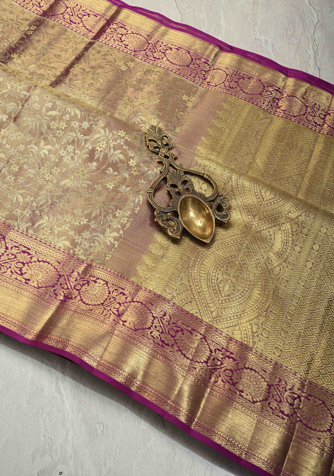 Plum Tissue Kanjivaram Pure Silk Saree with Meenakari Floral jaal Brocade and Zari Border | SILK MARK CERTIFIED