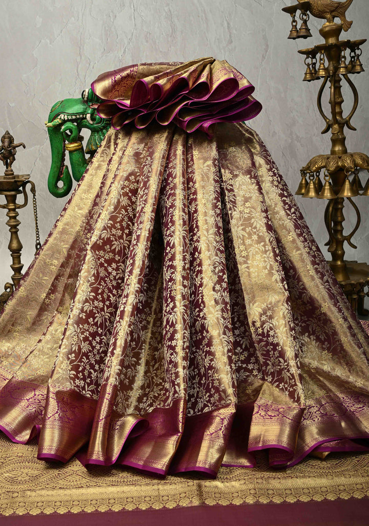 Plum Tissue Kanjivaram Pure Silk Saree with Meenakari Floral jaal Brocade and Zari Border | SILK MARK CERTIFIED
