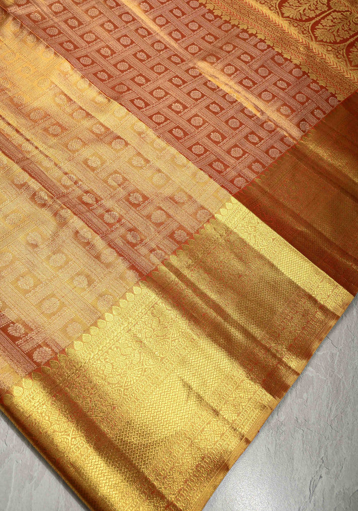 Gold Tissue Kanjivaram Pure Silk Saree with Geomatric Brocade and Zari Border | SILK MARK CERTIFIED