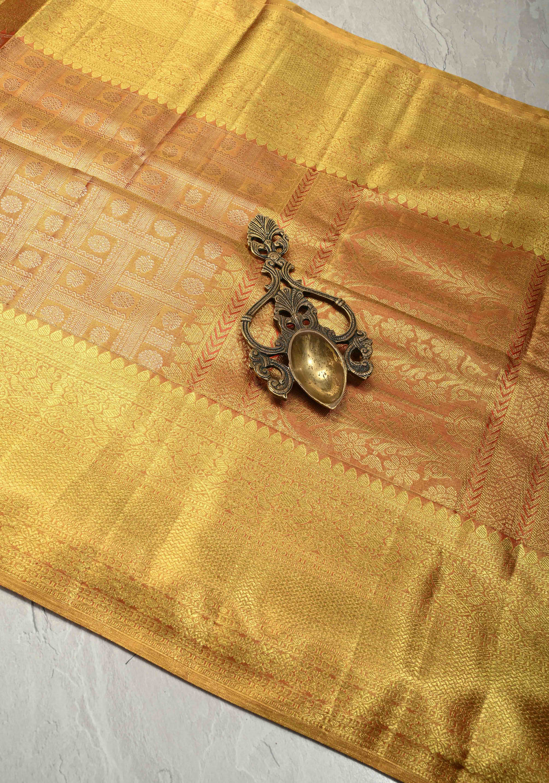 Gold Tissue Kanjivaram Pure Silk Saree with Geomatric Brocade and Zari Border | SILK MARK CERTIFIED