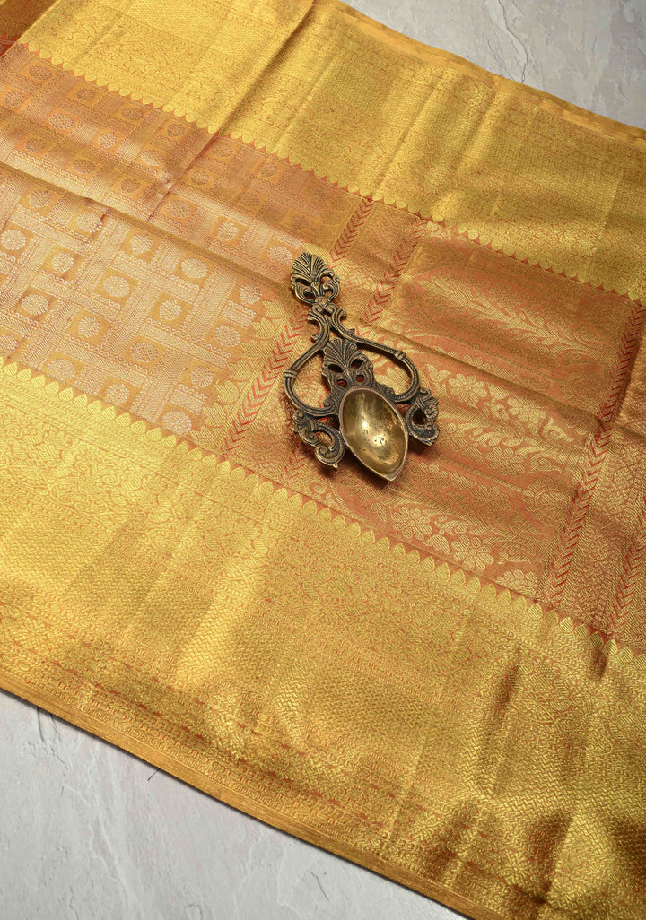 Gold Tissue Kanjivaram Pure Silk Saree with Geomatric Brocade and Zari Border | SILK MARK CERTIFIED