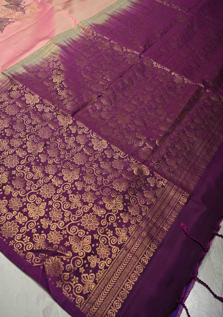 Bubblegum Pink Dual Tone Border less Kanjivaram Soft Silk Saree with Meenakari Butterfly and Floral Jaal Design | SILK MARK CERTIFIED