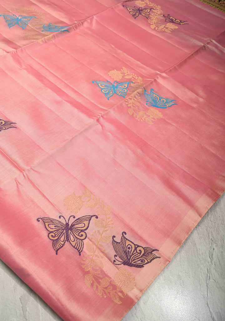 Bubblegum Pink Dual Tone Border less Kanjivaram Soft Silk Saree with Meenakari Butterfly and Floral Jaal Design | SILK MARK CERTIFIED