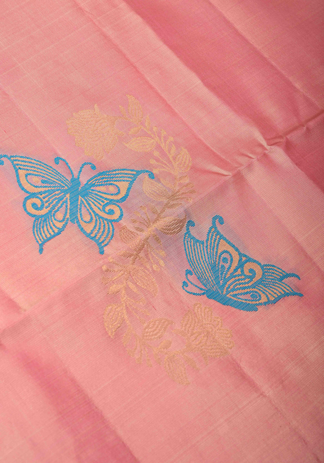 Bubblegum Pink Dual Tone Border less Kanjivaram Soft Silk Saree with Meenakari Butterfly and Floral Jaal Design | SILK MARK CERTIFIED
