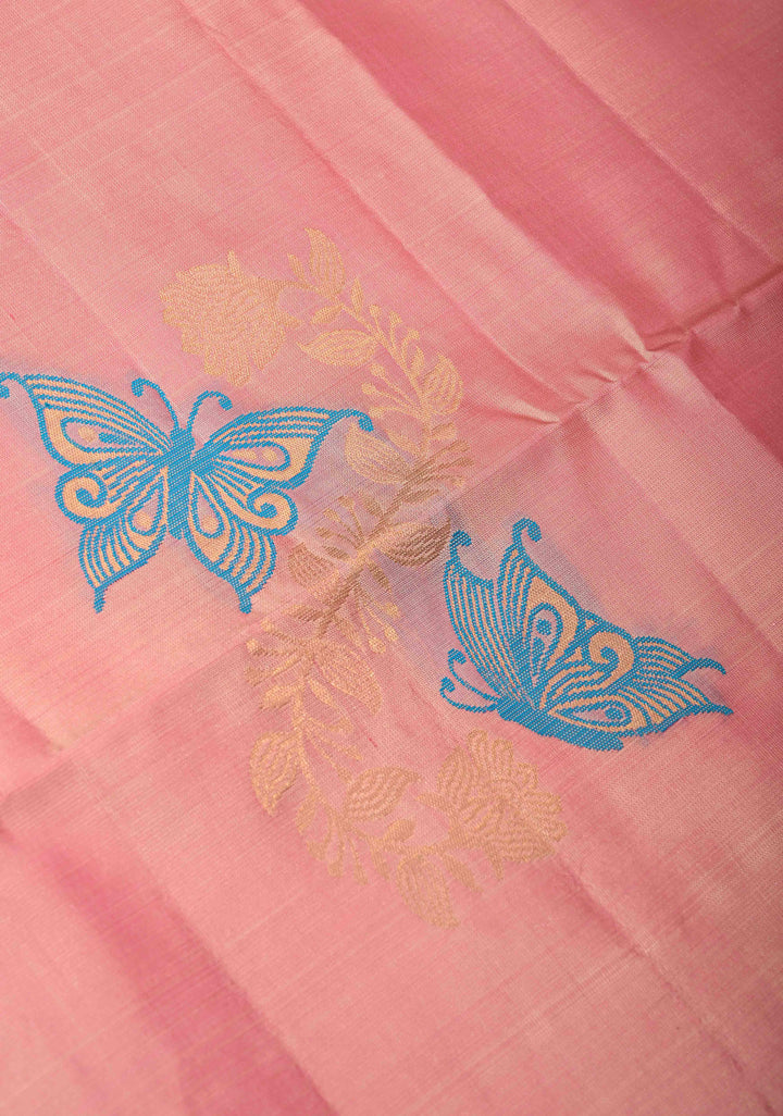 Bubblegum Pink Dual Tone Border less Kanjivaram Soft Silk Saree with Meenakari Butterfly and Floral Jaal Design | SILK MARK CERTIFIED
