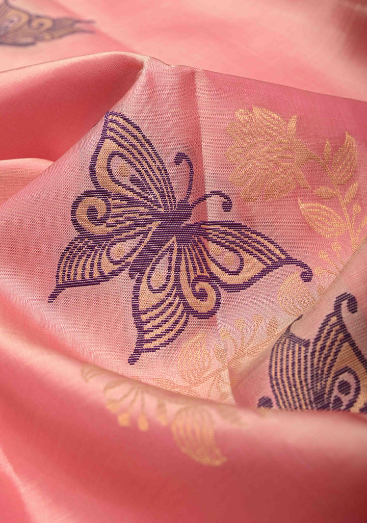Bubblegum Pink Dual Tone Border less Kanjivaram Soft Silk Saree with Meenakari Butterfly and Floral Jaal Design | SILK MARK CERTIFIED