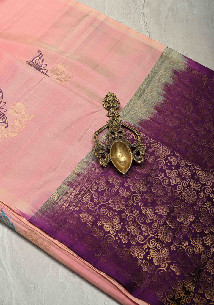 Bubblegum Pink Dual Tone Border less Kanjivaram Soft Silk Saree with Meenakari Butterfly and Floral Jaal Design | SILK MARK CERTIFIED