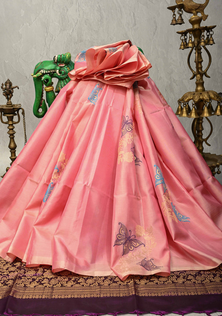 Bubblegum Pink Dual Tone Border less Kanjivaram Soft Silk Saree with Meenakari Butterfly and Floral Jaal Design | SILK MARK CERTIFIED