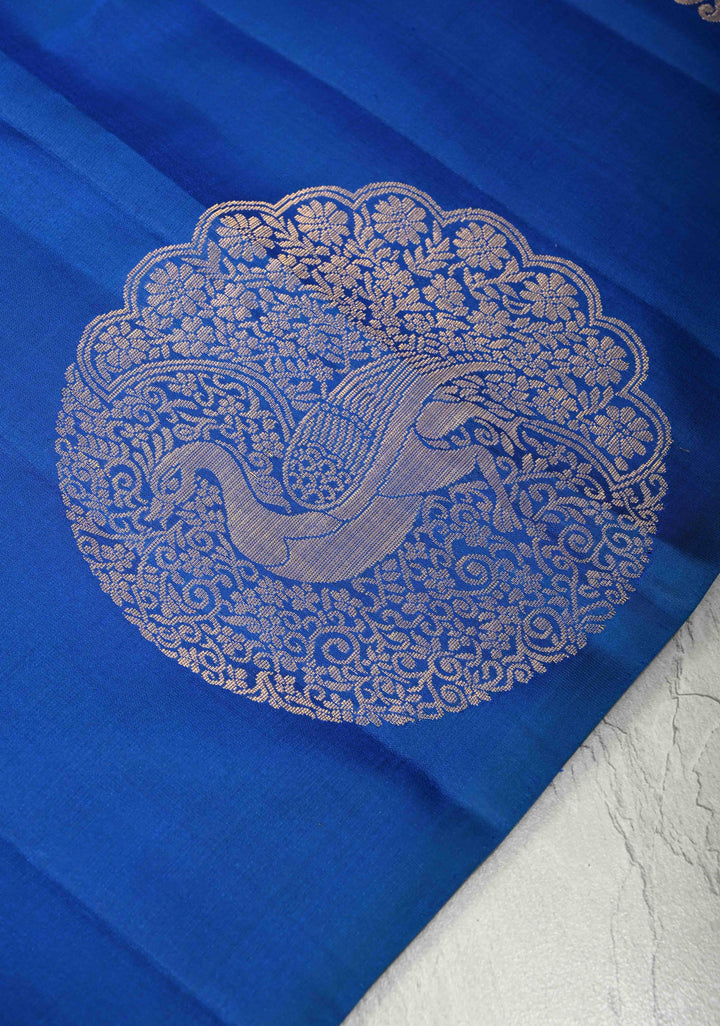 Royal Blue Borderless Dual tone Kanjivaram Soft Silk Saree with Peacock Motifs | SILK MARK CERTIFIED