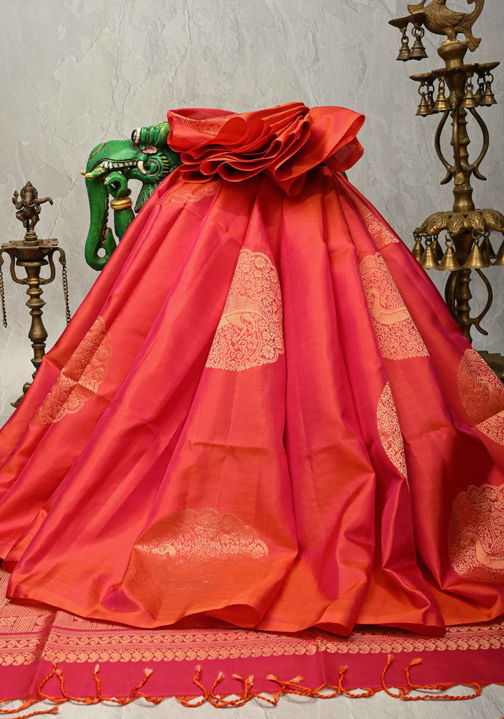 Pink Dual tone Borderless Kanjivaram Soft Silk Saree with Peacock Motifs | SILK MARK CERTIFIED
