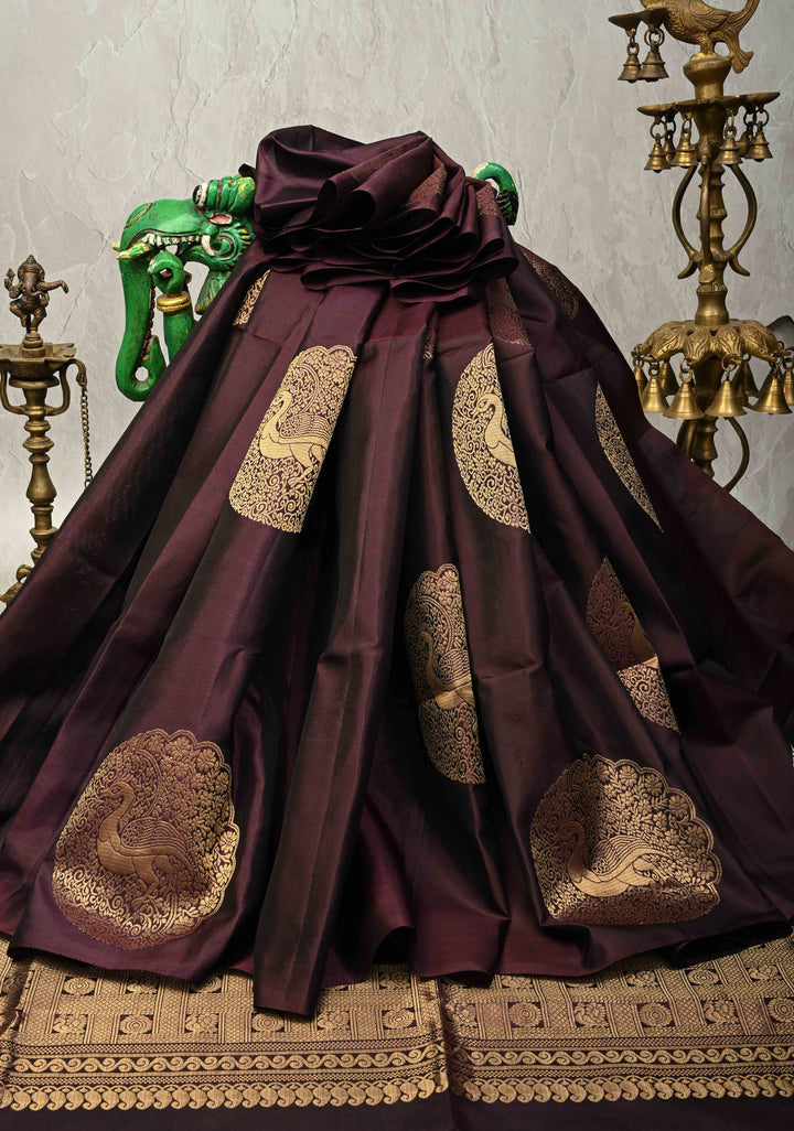Deep Wine Dual Tone Border less Kanjivaram Soft Silk Saree with Peacock Motifs | SILK MARK CERTIFIED