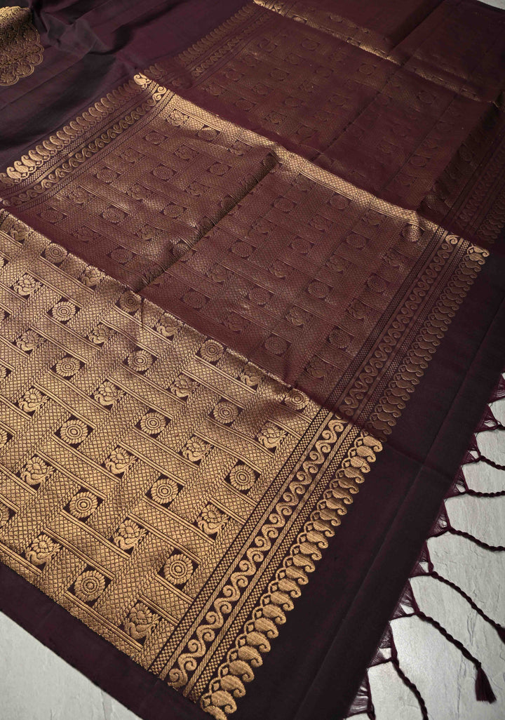 Deep Wine Dual Tone Border less Kanjivaram Soft Silk Saree with Peacock Motifs | SILK MARK CERTIFIED