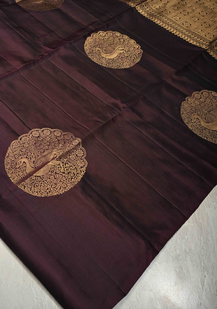 Deep Wine Dual Tone Border less Kanjivaram Soft Silk Saree with Peacock Motifs | SILK MARK CERTIFIED