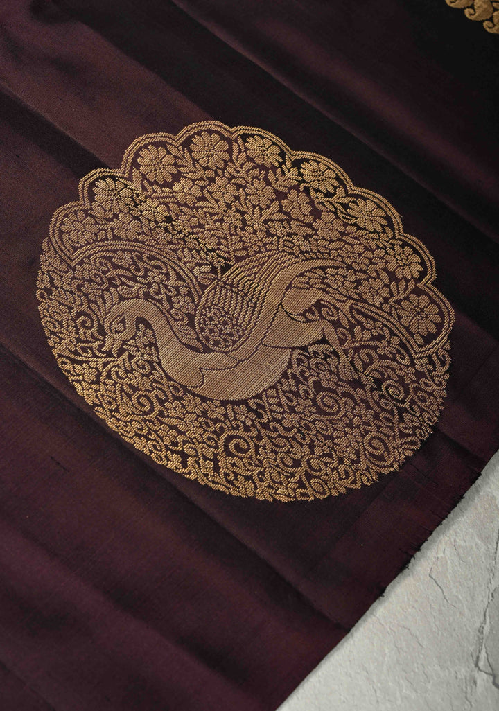 Deep Wine Dual Tone Border less Kanjivaram Soft Silk Saree with Peacock Motifs | SILK MARK CERTIFIED