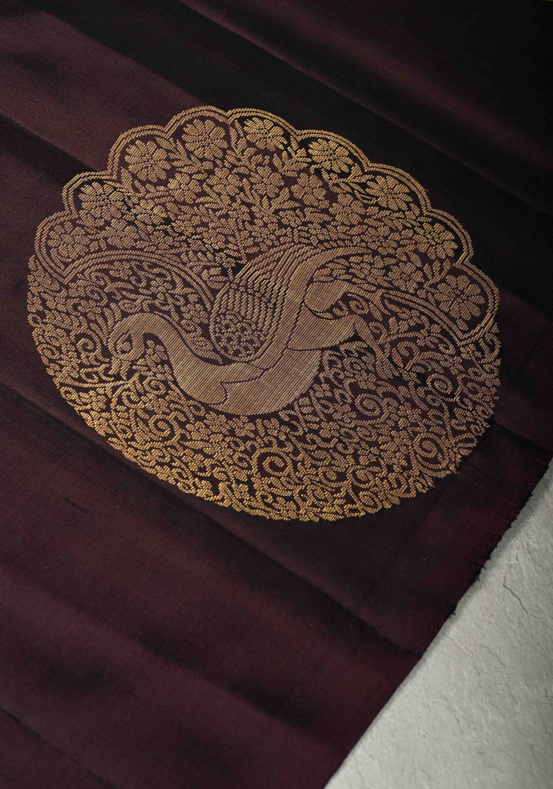 Deep Wine Dual Tone Border less Kanjivaram Soft Silk Saree with Peacock Motifs | SILK MARK CERTIFIED