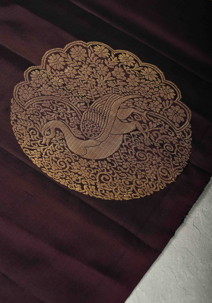Deep Wine Dual Tone Border less Kanjivaram Soft Silk Saree with Peacock Motifs | SILK MARK CERTIFIED