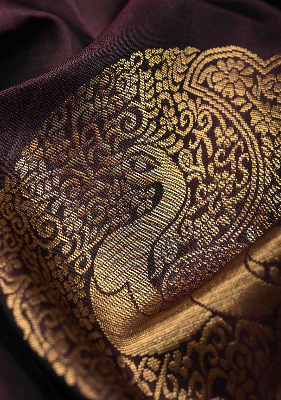 Deep Wine Dual Tone Border less Kanjivaram Soft Silk Saree with Peacock Motifs | SILK MARK CERTIFIED