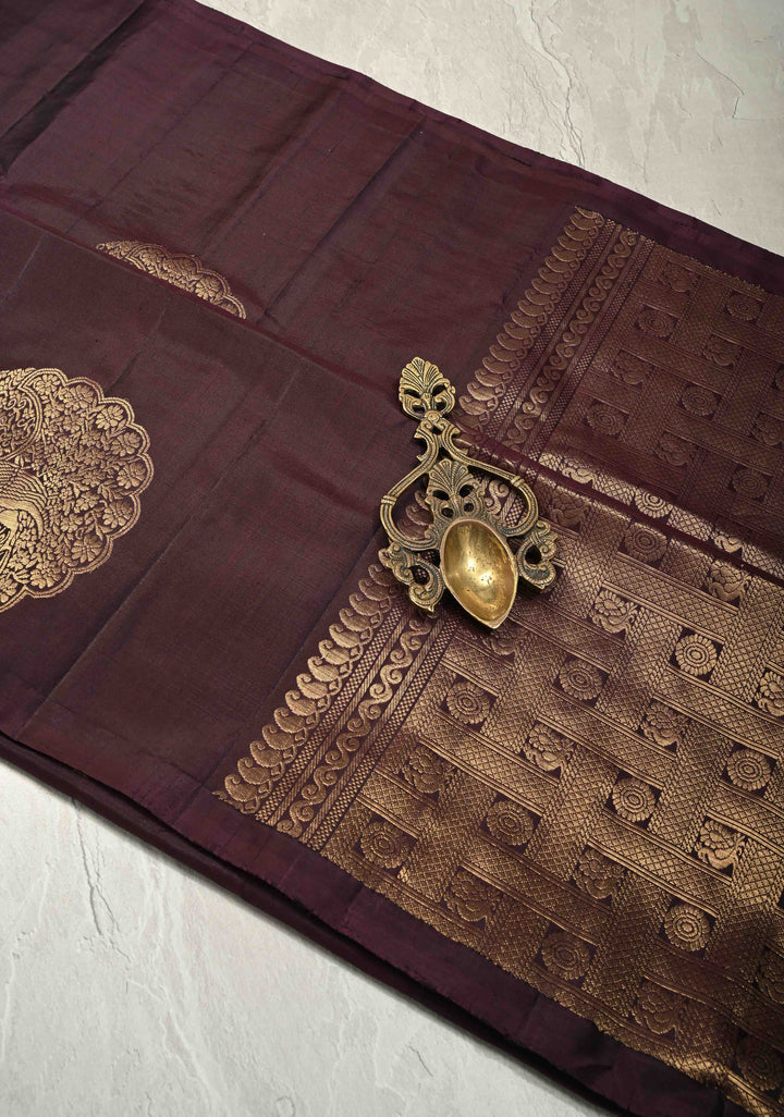 Deep Wine Dual Tone Border less Kanjivaram Soft Silk Saree with Peacock Motifs | SILK MARK CERTIFIED
