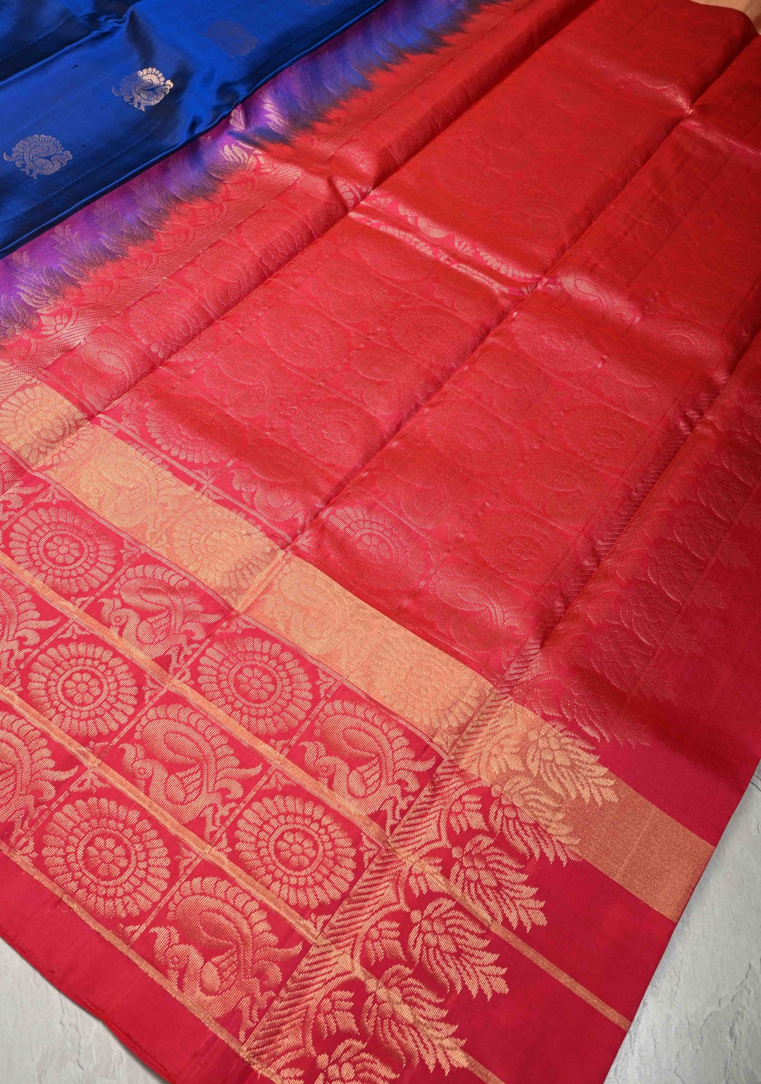 Royal Blue Kanjivaram Soft Silk Saree with Zari Buttas and Wide Contrast Zari Checks Border | SILK MARK CERTIFIED