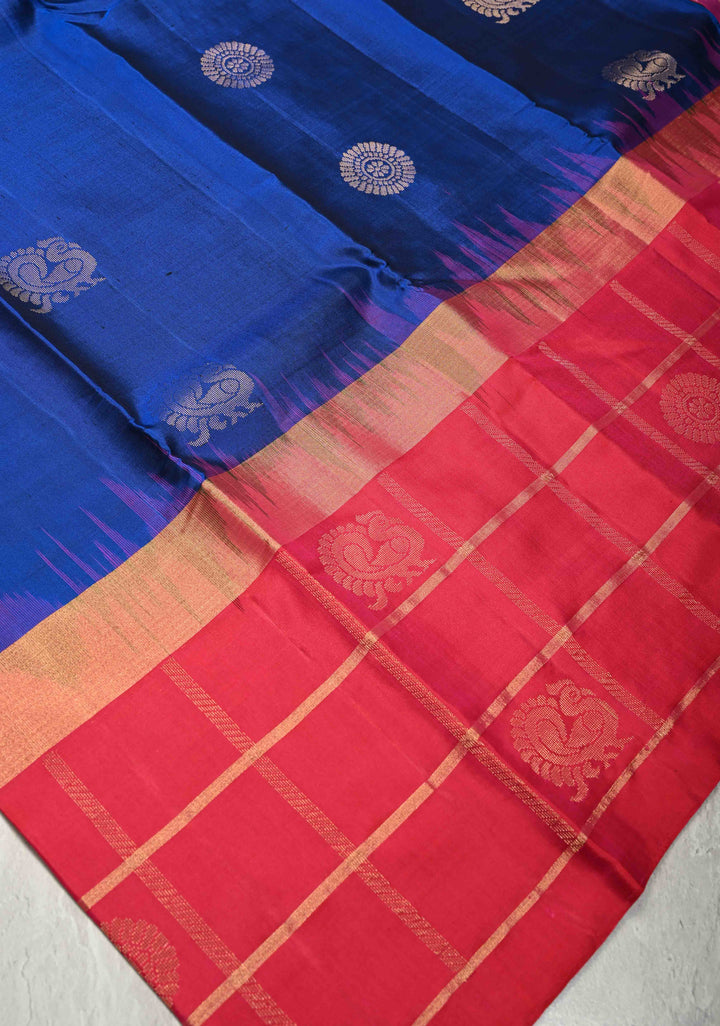 Royal Blue Kanjivaram Soft Silk Saree with Zari Buttas and Wide Contrast Zari Checks Border | SILK MARK CERTIFIED