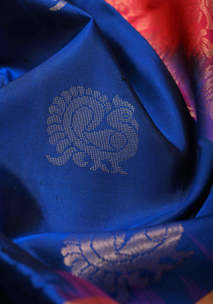 Royal Blue Kanjivaram Soft Silk Saree with Zari Buttas and Wide Contrast Zari Checks Border | SILK MARK CERTIFIED