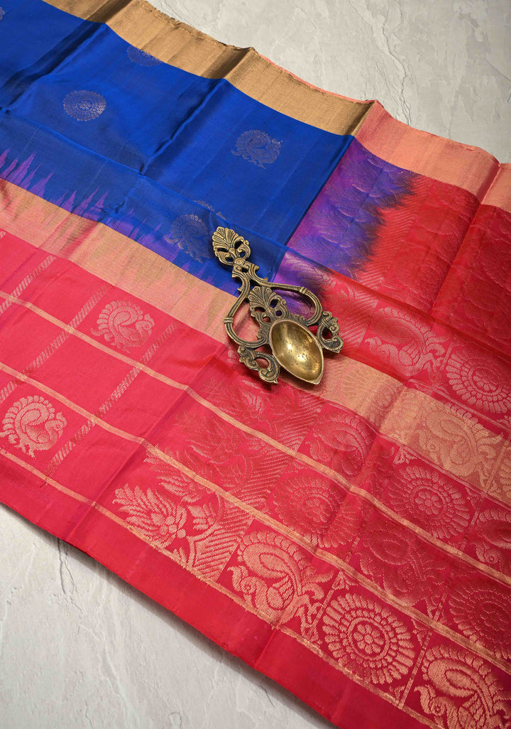 Royal Blue Kanjivaram Soft Silk Saree with Zari Buttas and Wide Contrast Zari Checks Border | SILK MARK CERTIFIED