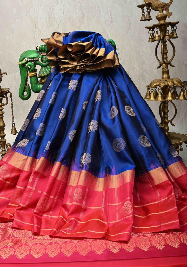 Royal Blue Kanjivaram Soft Silk Saree with Zari Buttas and Wide Contrast Zari Checks Border | SILK MARK CERTIFIED