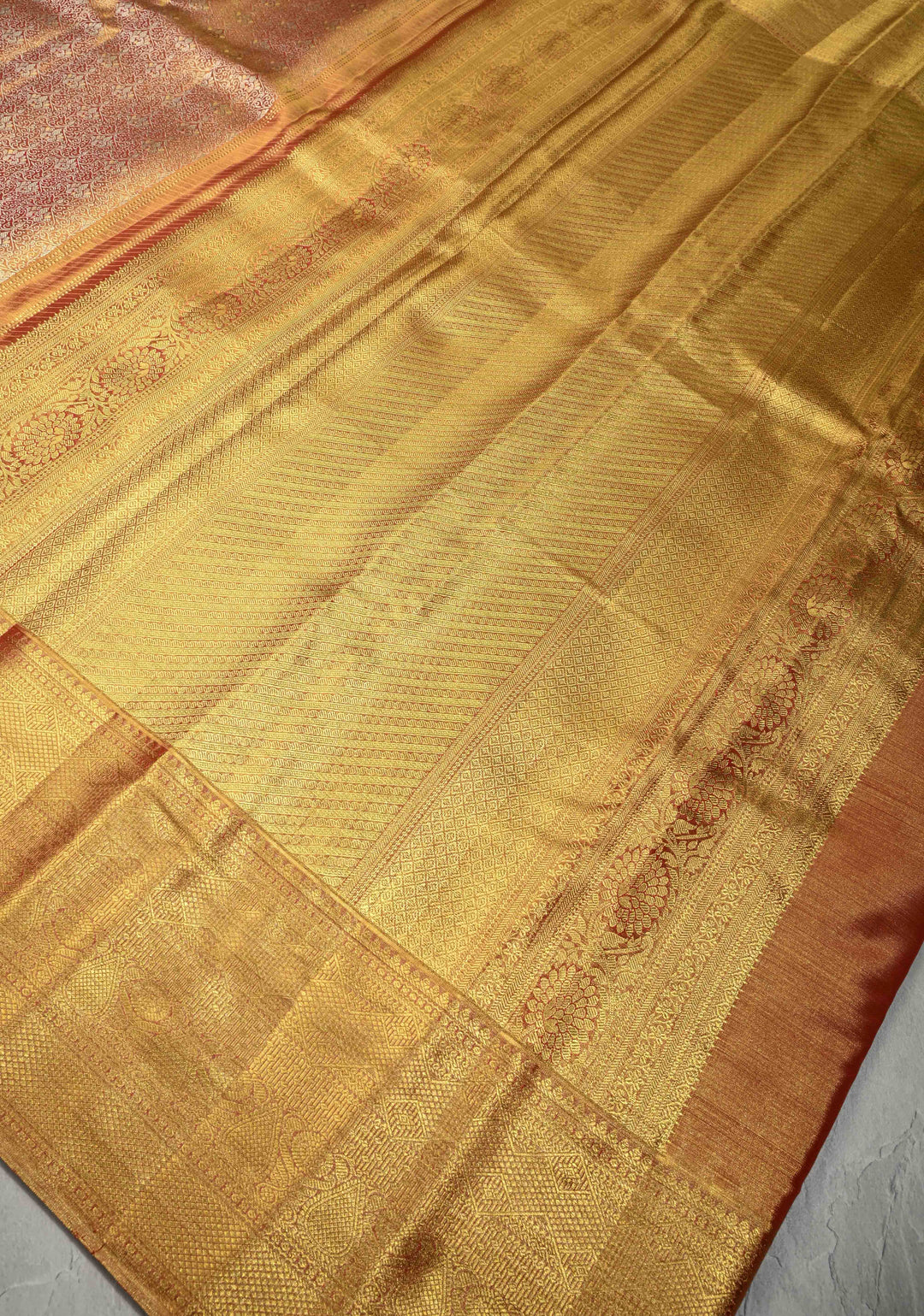 Rose Gold Dual Tone Tissue Kanjivaram Pure Silk Saree with Meenakari Floral jaal Brocade and Wide Zari Border | SILK MARK CERTIFIED