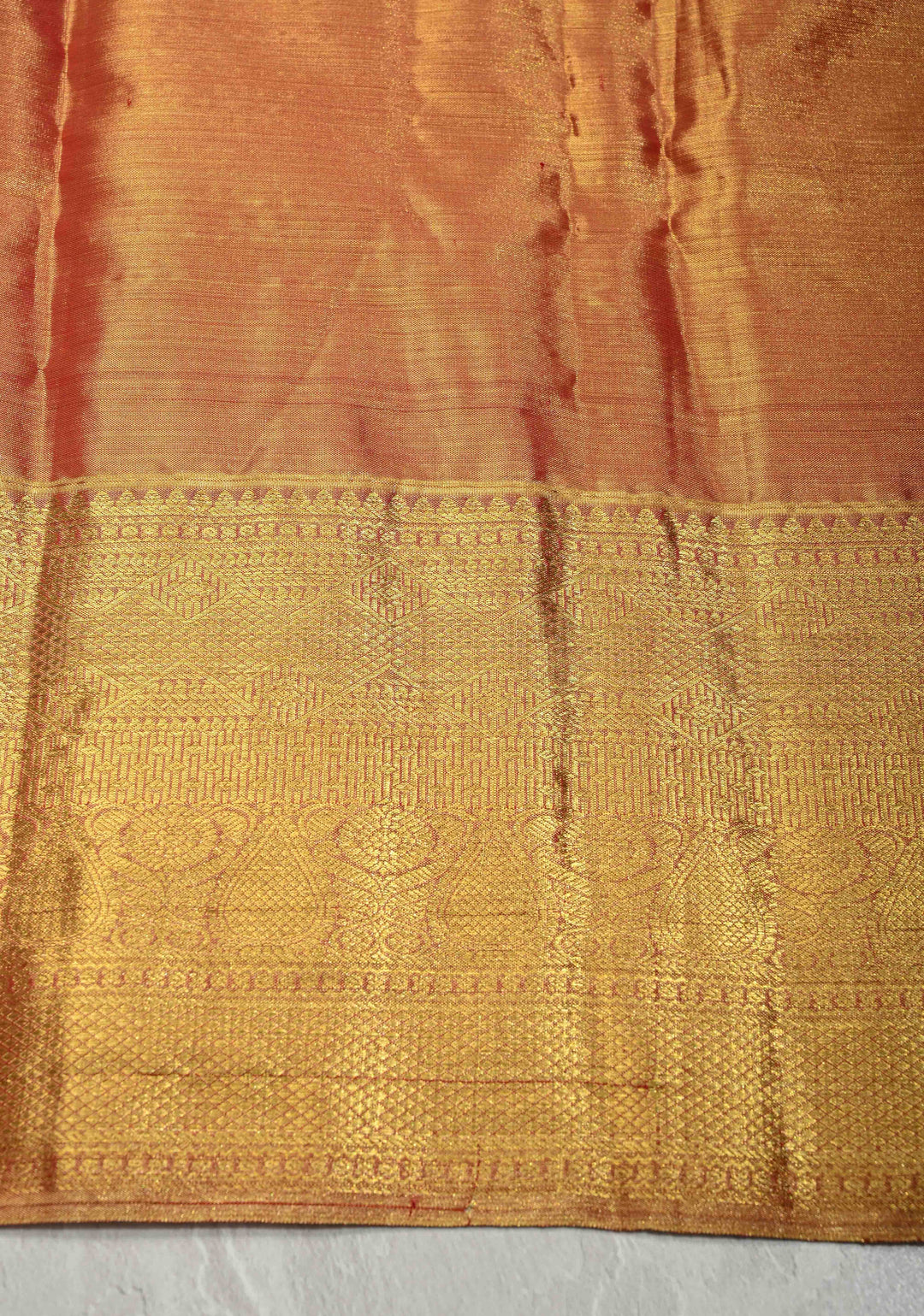 Rose Gold Dual Tone Tissue Kanjivaram Pure Silk Saree with Meenakari Floral jaal Brocade and Wide Zari Border | SILK MARK CERTIFIED