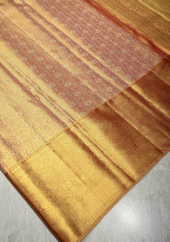 Rose Gold Dual Tone Tissue Kanjivaram Pure Silk Saree with Meenakari Floral jaal Brocade and Wide Zari Border | SILK MARK CERTIFIED