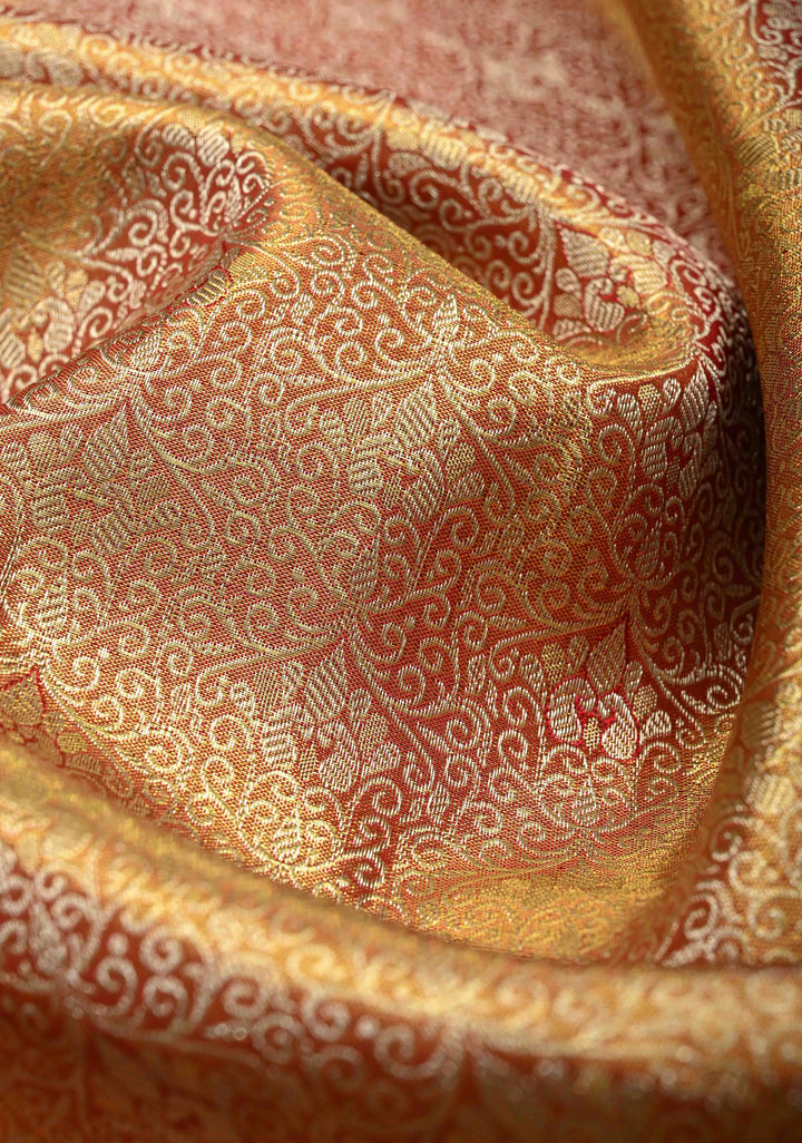 Rose Gold Dual Tone Tissue Kanjivaram Pure Silk Saree with Meenakari Floral jaal Brocade and Wide Zari Border | SILK MARK CERTIFIED