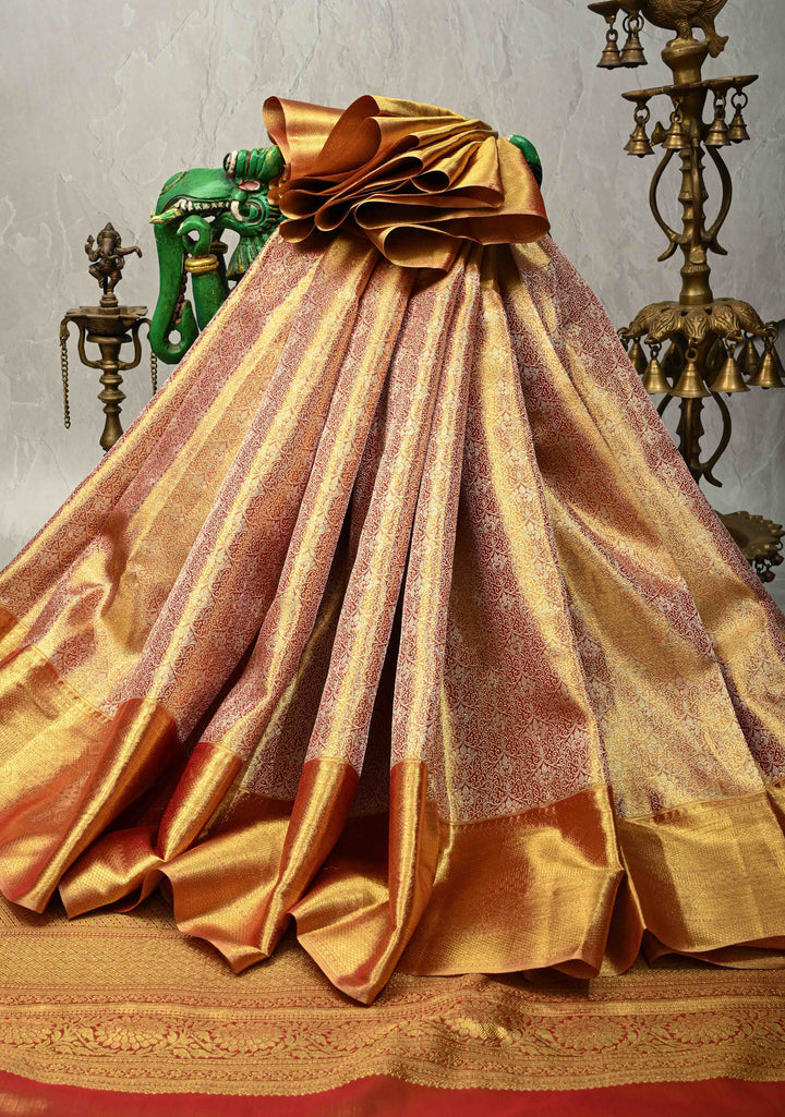 Rose Gold Dual Tone Tissue Kanjivaram Pure Silk Saree with Meenakari Floral jaal Brocade and Wide Zari Border | SILK MARK CERTIFIED