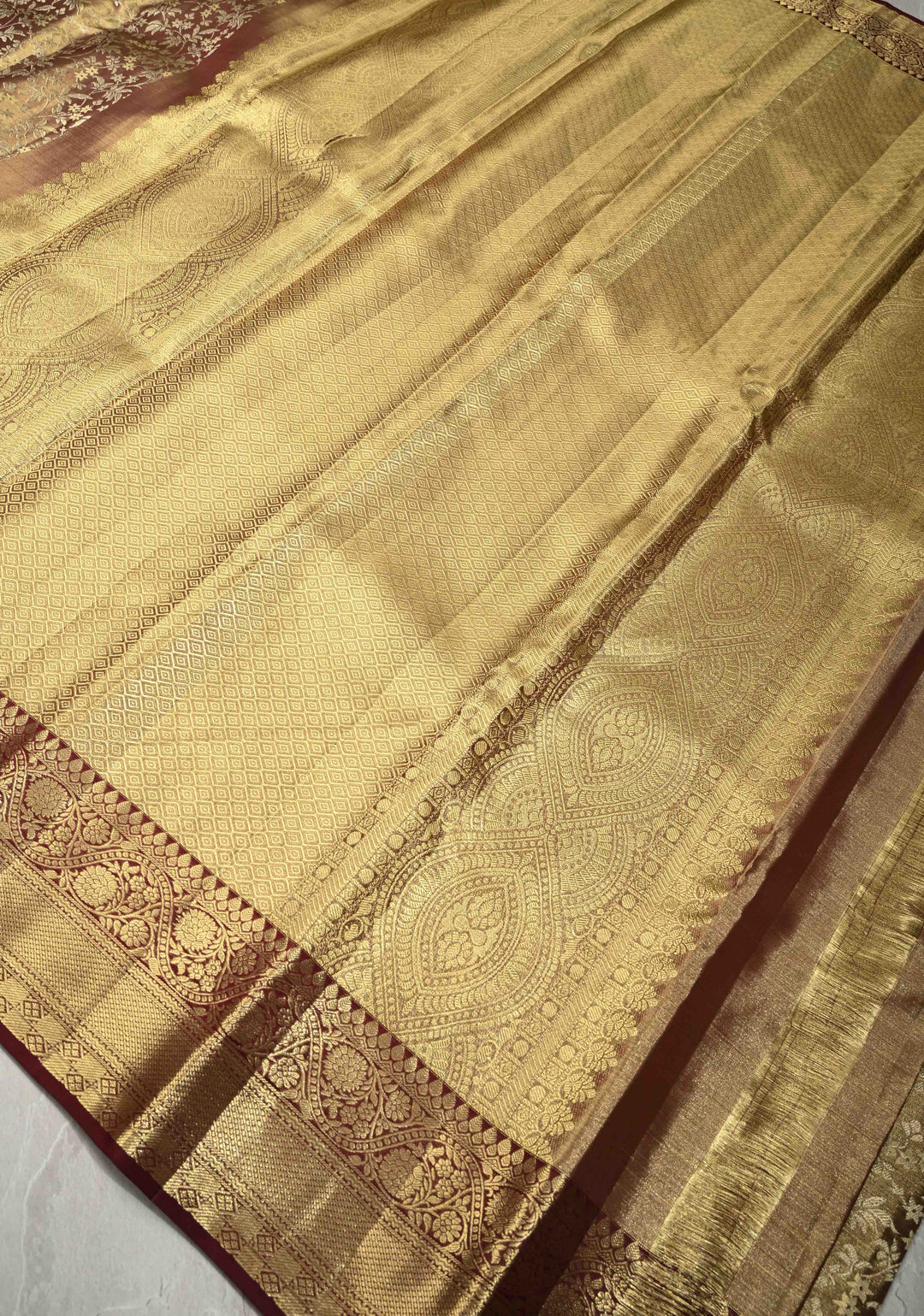 Brown Tissue Kanjivaram Pure Silk Saree with Meenakari Floral jaal Brocade and Contrast Zari Border | SILK MARK CERTIFIED
