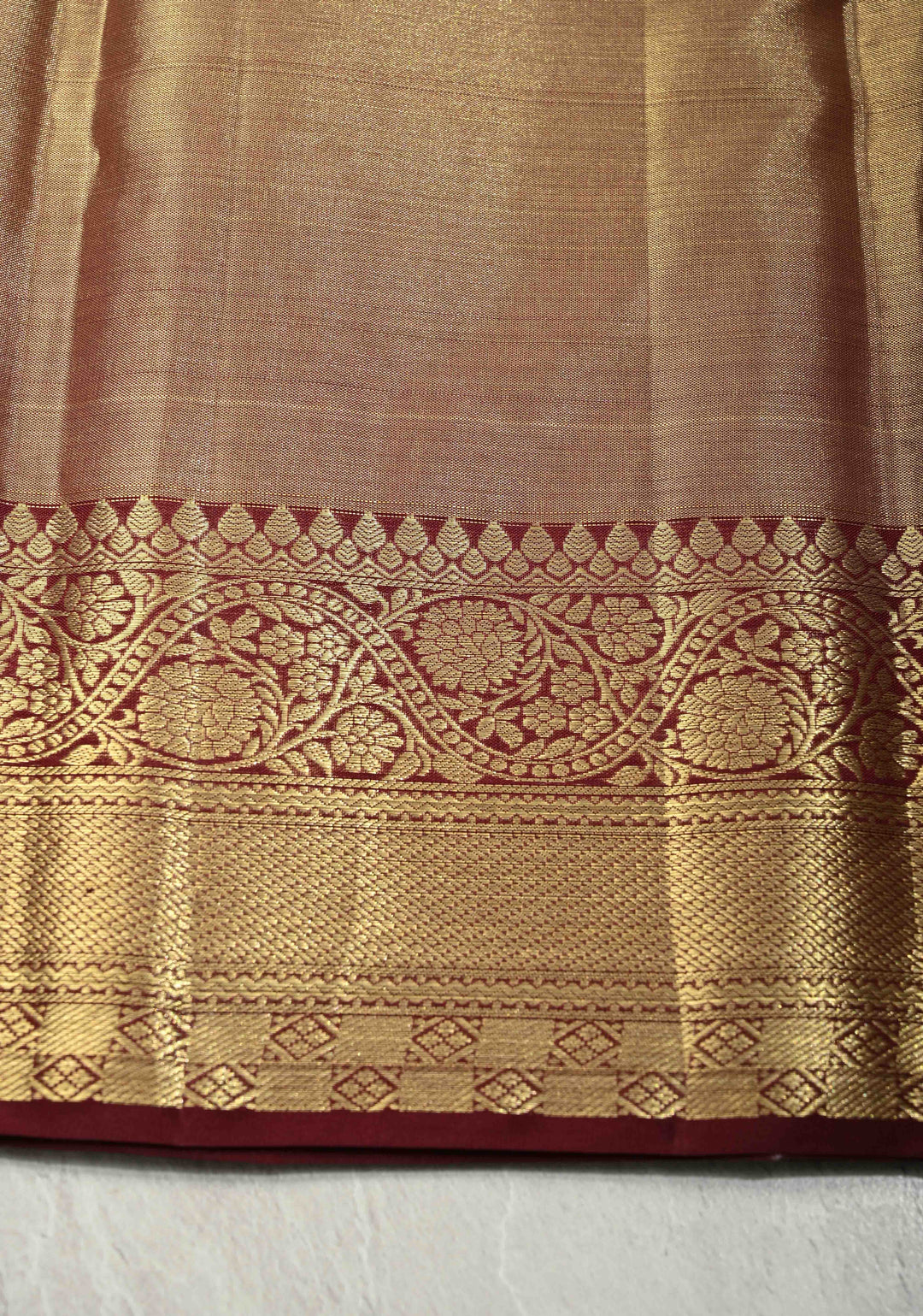 Brown Tissue Kanjivaram Pure Silk Saree with Meenakari Floral jaal Brocade and Contrast Zari Border | SILK MARK CERTIFIED