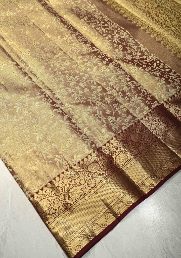 Brown Tissue Kanjivaram Pure Silk Saree with Meenakari Floral jaal Brocade and Contrast Zari Border | SILK MARK CERTIFIED