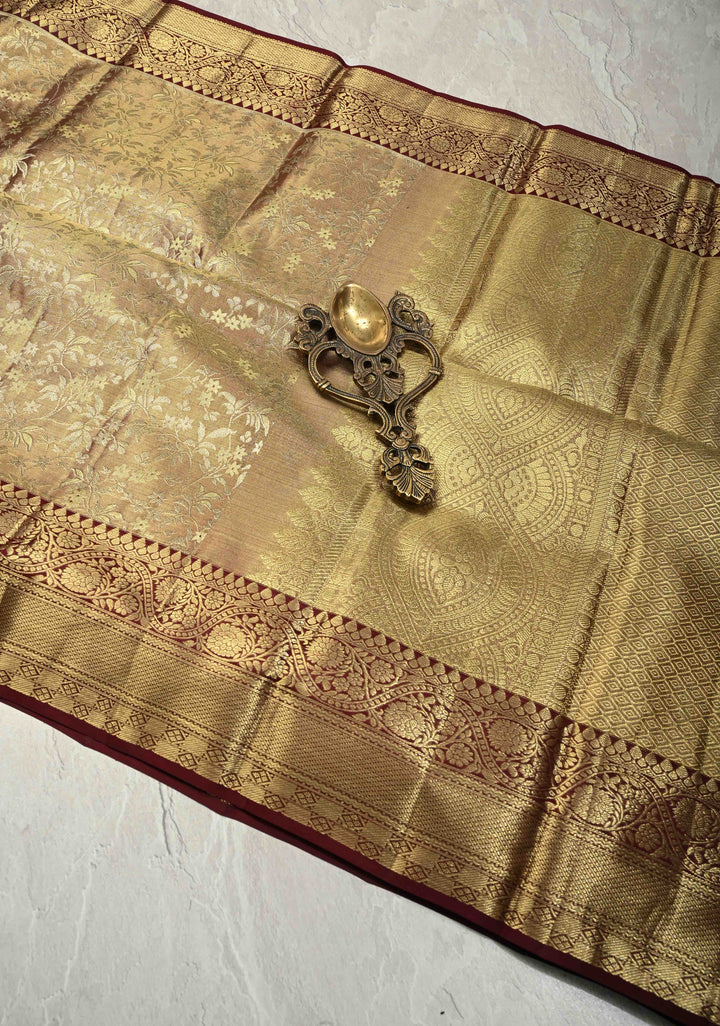 Brown Tissue Kanjivaram Pure Silk Saree with Meenakari Floral jaal Brocade and Contrast Zari Border | SILK MARK CERTIFIED