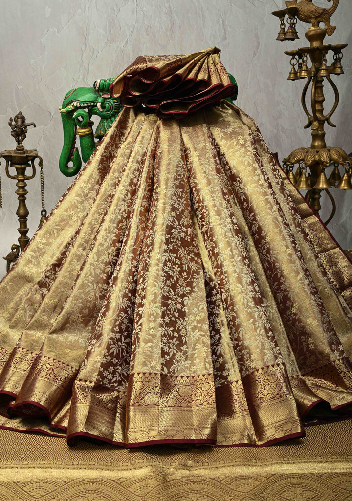 Brown Tissue Kanjivaram Pure Silk Saree with Meenakari Floral jaal Brocade and Contrast Zari Border | SILK MARK CERTIFIED